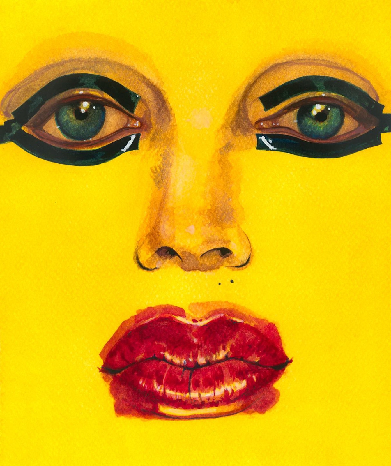 Pintura — rostro fondo amarillo, ojos verdes, labios rojos