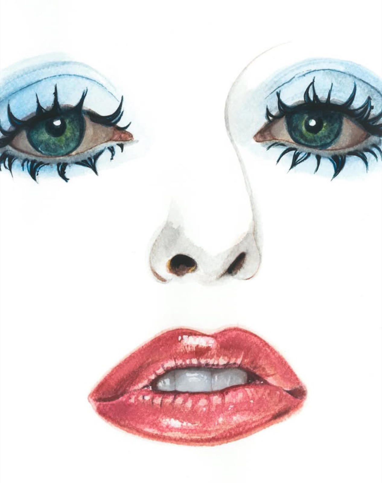 Pintura — ojos celestes con pestañas largas, labios rojos