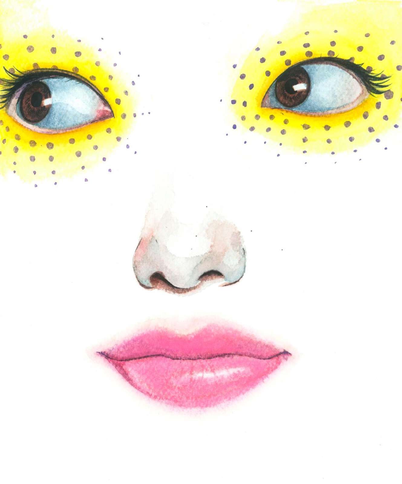 Pintura — ojos amarillos con puntos, labios rosas
