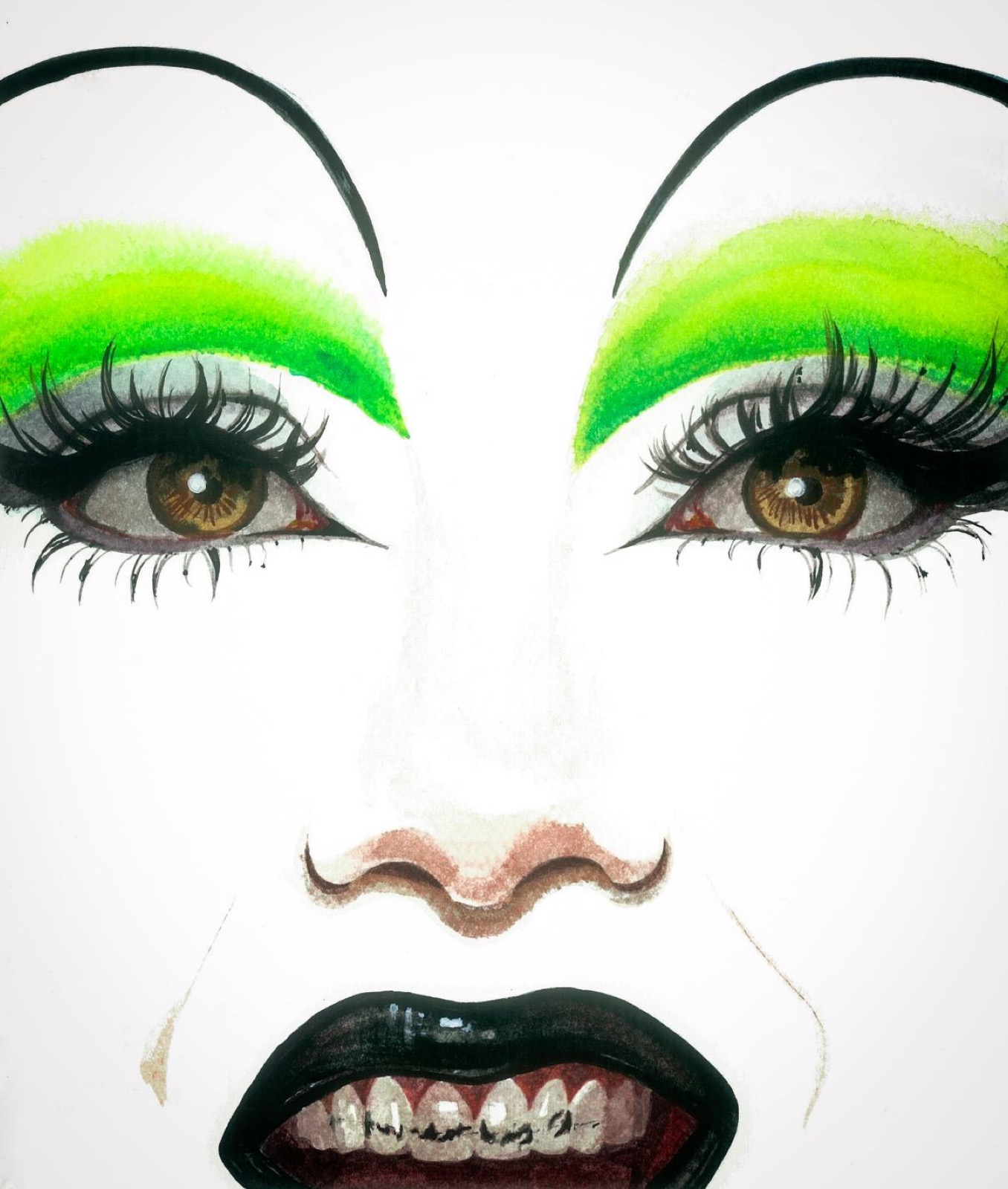 Pintura — sombras verdes, labios negros, dientes