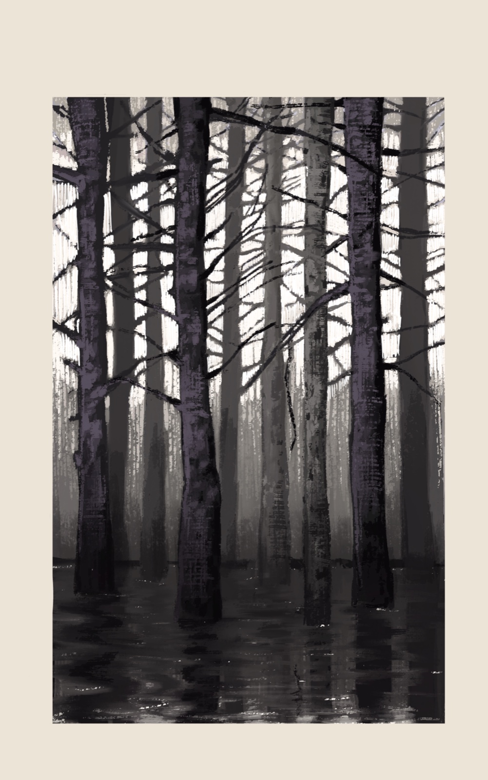 Bosque de pinos en blanco y negro con reflejos en agua.