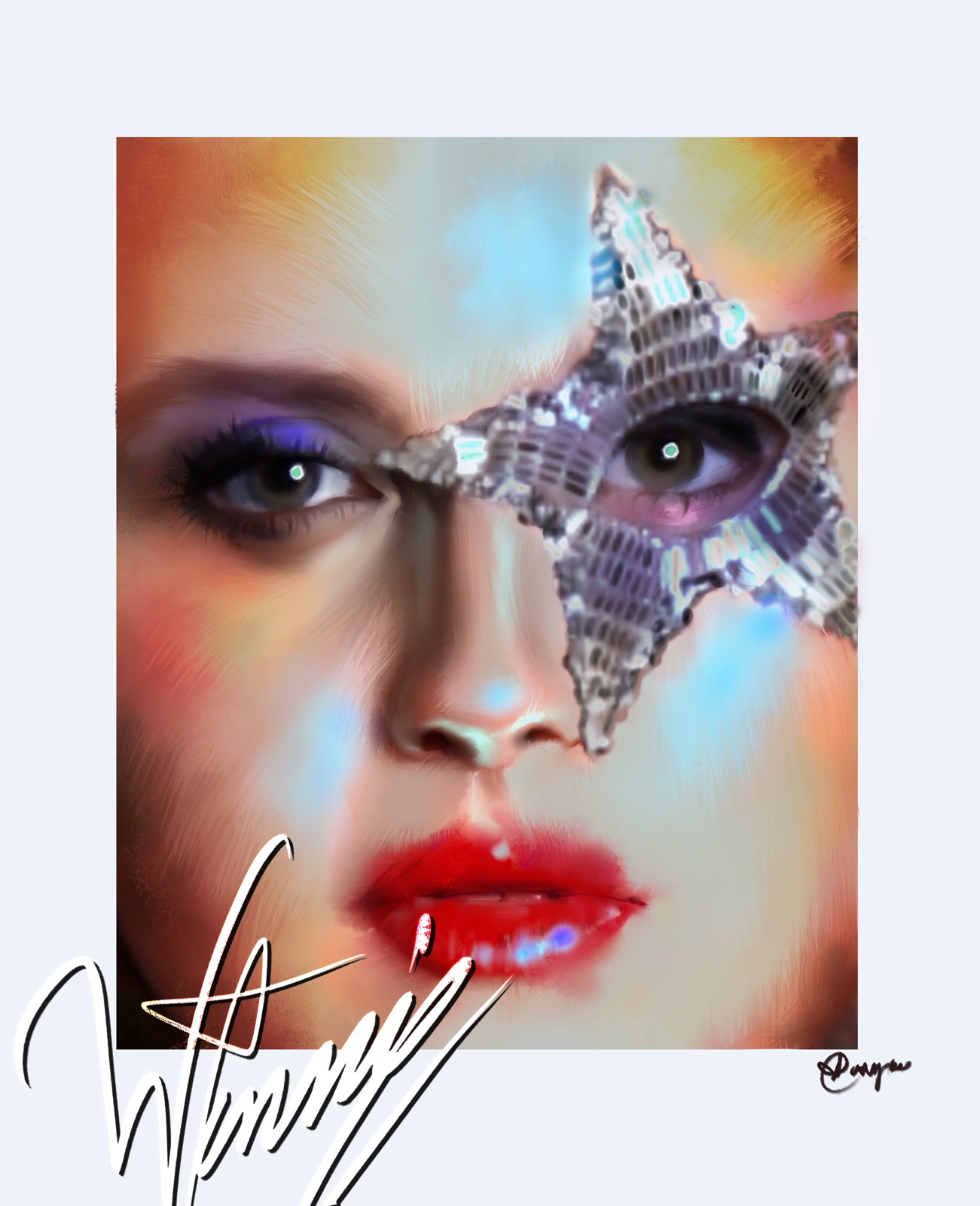Retrato con estrella disco mosaico sobre el rostro.