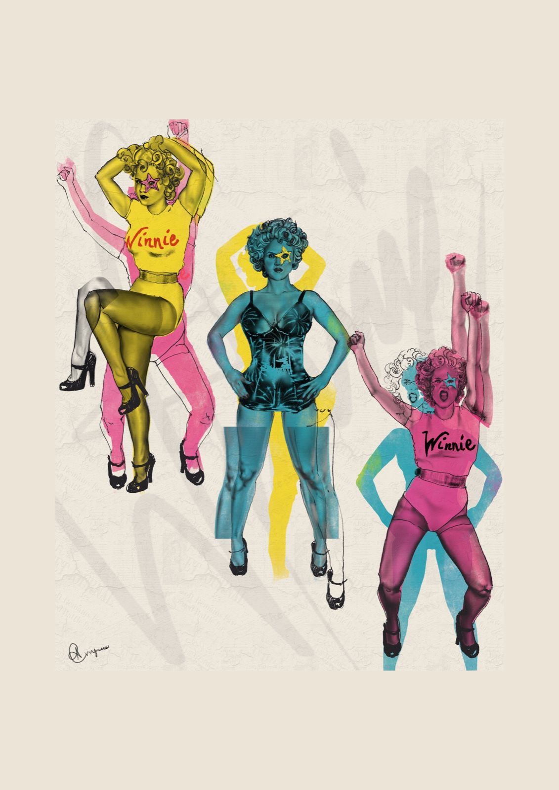 Tres figuras femeninas pop art con tops "Winnie" en cyan, magenta y amarillo.