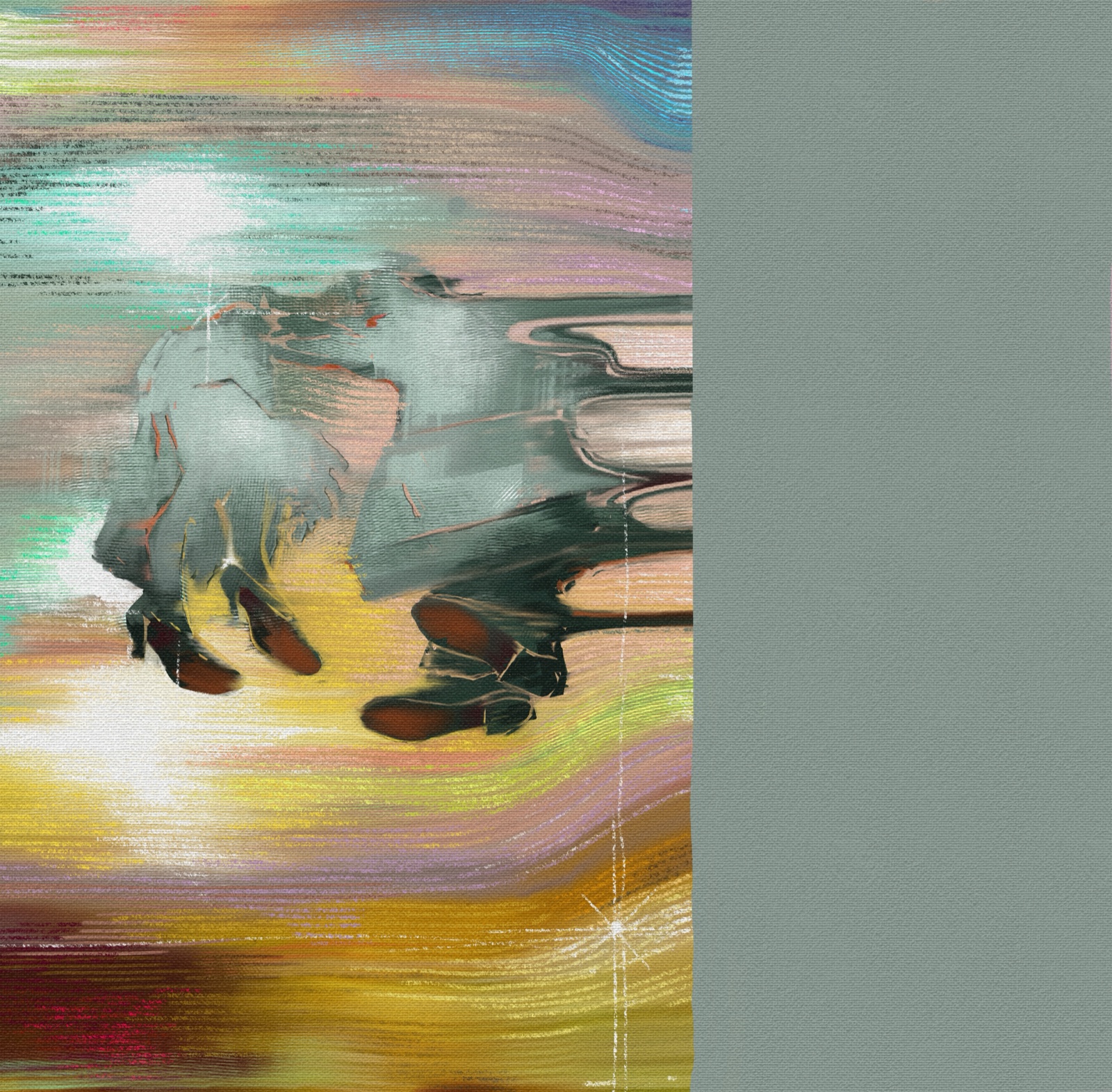 Pintura abstracta con figuras borrosas y paisaje atmosférico.